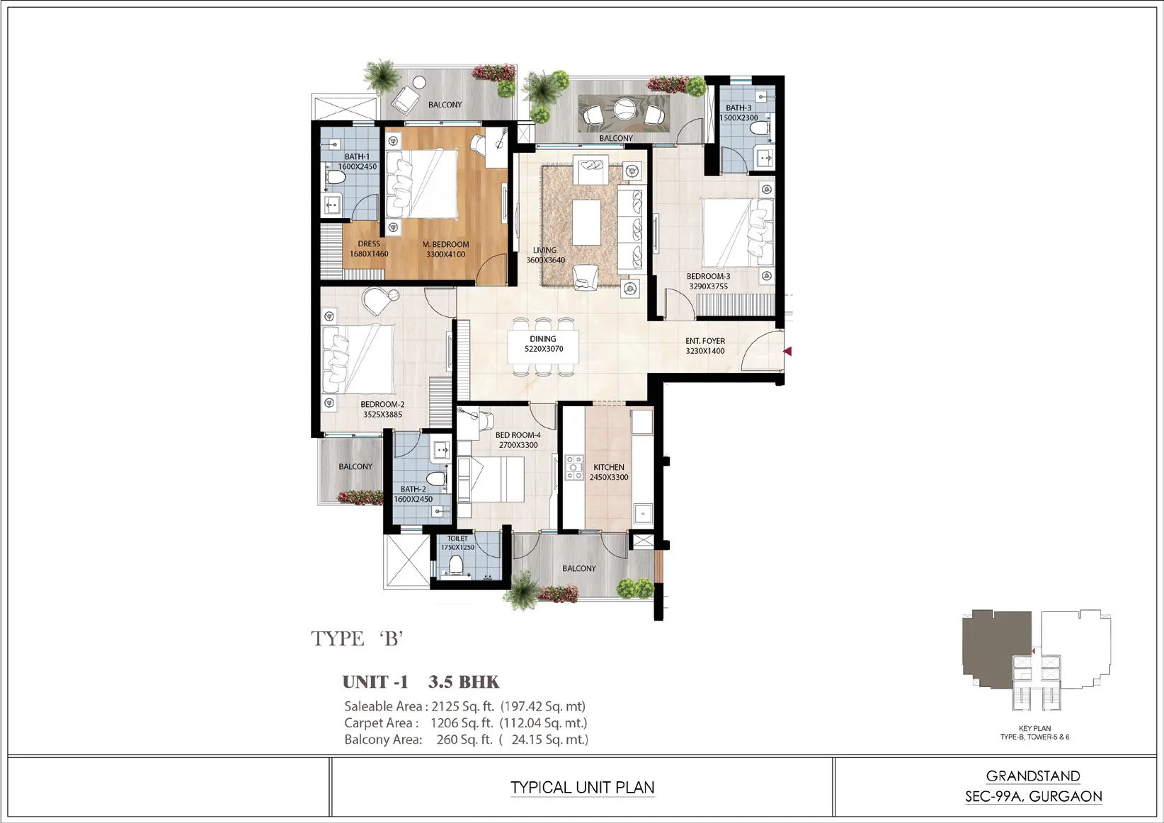 3 BHK plus study floor plan